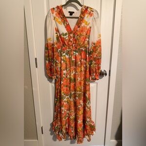 Vineet Bahl Anthropologie Floral Midi Dress XXS Orange Boho Romantic